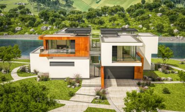 Nehrin yanında modern ev 3D render