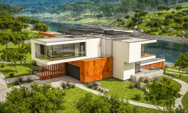 3D-rendering van modern huis aan de rivier — Stockfoto