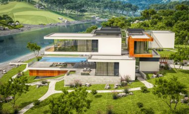 Nehrin yanında modern ev 3D render