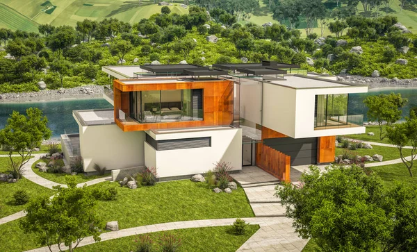 3D Rendering des modernen Hauses am Fluss — Stockfoto