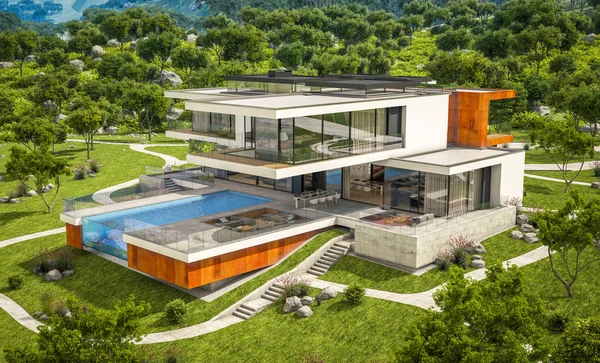 3d representación de la casa moderna por el río — Foto de Stock