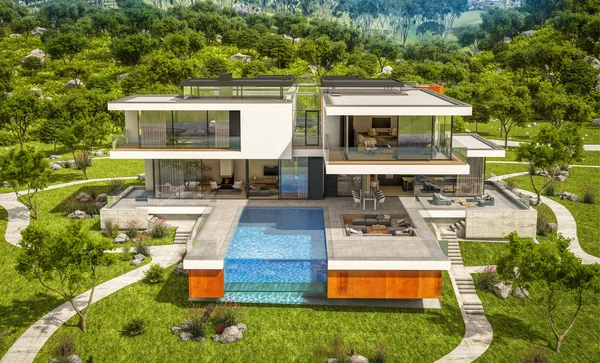 3D-rendering van modern huis aan de rivier — Stockfoto