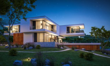 Nehrin yanında modern ev 3D render geceleri