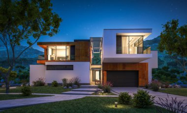 Nehrin yanında modern ev 3D render geceleri
