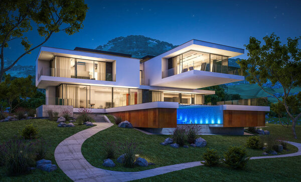 3d rendering of modern house by the river at night