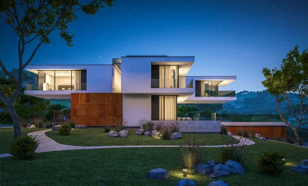 Modern ház a folyó éjszaka 3D-leképezés — Stock Fotó