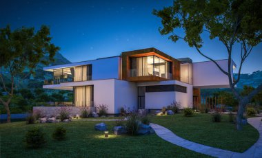 Nehrin yanında modern ev 3D render geceleri