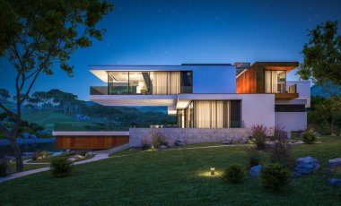Nehrin yanında modern ev 3D render geceleri