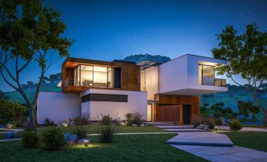 Nehrin yanında modern ev 3D render geceleri