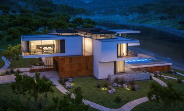 Nehrin yanında modern ev 3D render geceleri