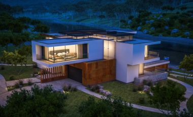 Nehrin yanında modern ev 3D render geceleri