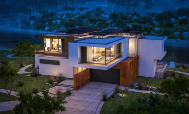 Nehrin yanında modern ev 3D render geceleri