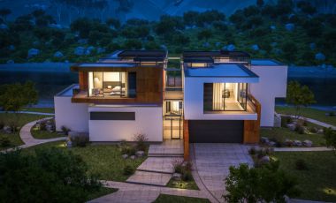 Nehrin yanında modern ev 3D render geceleri