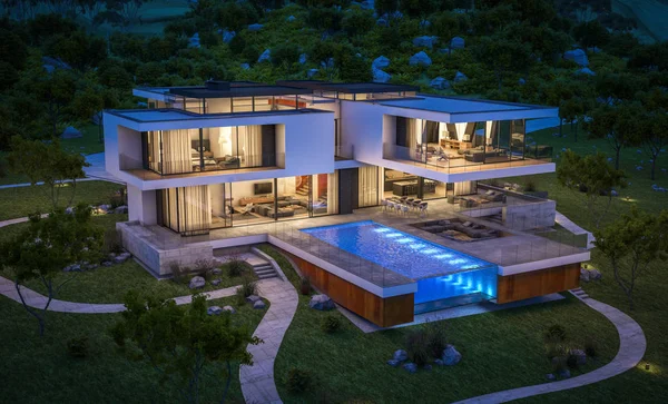 Nehrin yanında modern ev 3D render geceleri