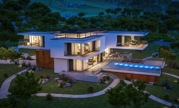 Renderingu 3D nowoczesny dom nad rzeką w nocy — Zdjęcie stockowe