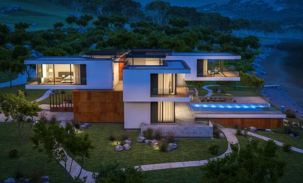 3d rendering of modern house by the river at night — Stock Photo, Image