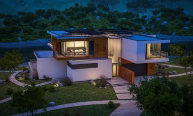 Nehrin yanında modern ev 3D render geceleri