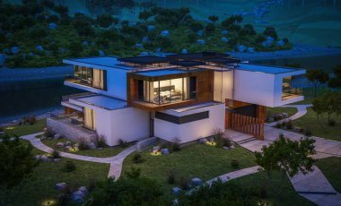 Nehrin yanında modern ev 3D render geceleri