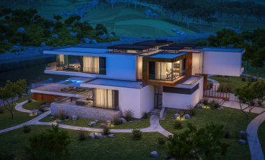 Nehrin yanında modern ev 3D render geceleri