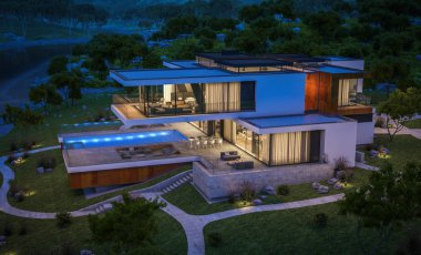 Nehrin yanında modern ev 3D render geceleri