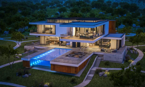 3d representación de la casa moderna por el río en la noche — Foto de Stock