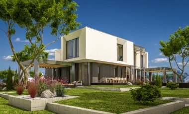 Nehrin yanında modern ev 3D render