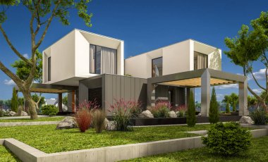 Nehrin yanında modern ev 3D render