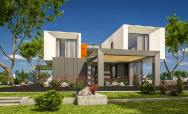 Nehrin yanında modern ev 3D render