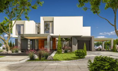 Nehrin yanında modern ev 3D render