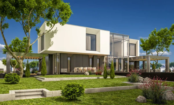 3D rendering a modern ház által a folyó — Stock Fotó