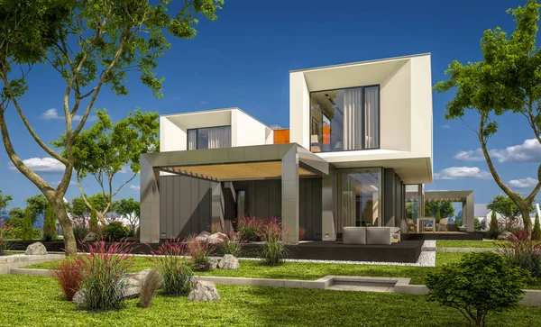 Rendering 3d della casa moderna sul fiume — Foto Stock