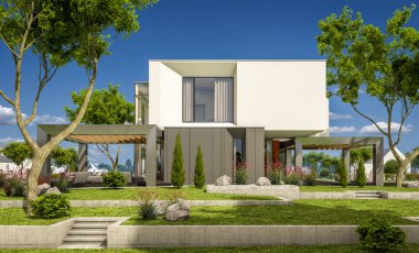 Bahçedeki modern ev 3D render