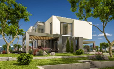 Bahçedeki modern ev 3D render