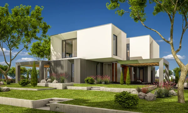 3d representación de la casa moderna en el jardín — Foto de Stock