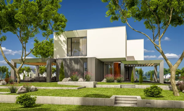 Bahçedeki modern ev 3D render