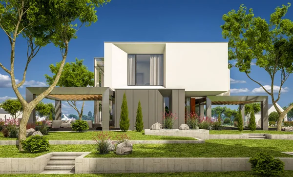 3d representación de la casa moderna en el jardín — Foto de Stock