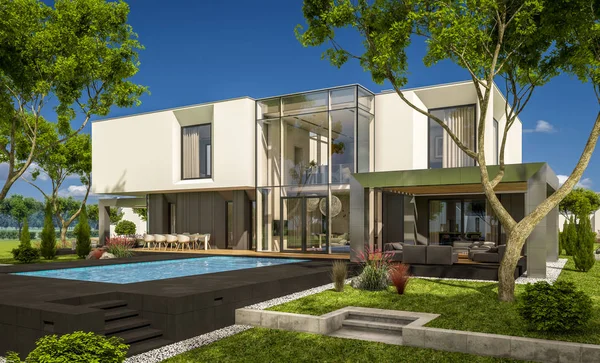 Bahçedeki modern ev 3D render