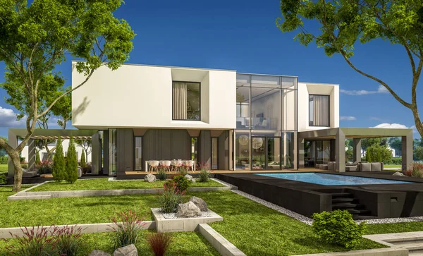 Bahçedeki modern ev 3D render