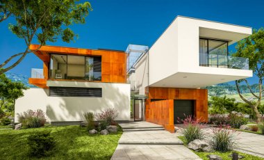 Nehrin yanında modern ev 3D render