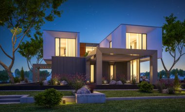 Bahçedeki modern ev 3D render geceleri