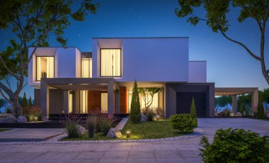 Bahçedeki modern ev 3D render geceleri