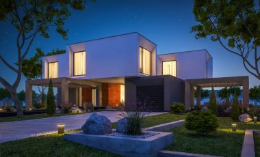 Bahçedeki modern ev 3D render geceleri