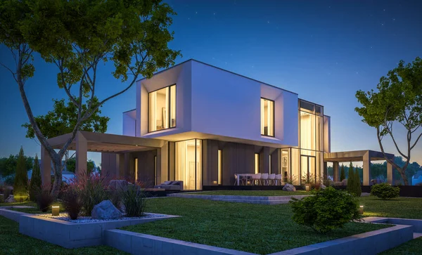 Bahçedeki modern ev 3D render geceleri