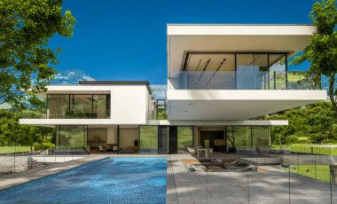 Nehrin yanında modern ev 3D render