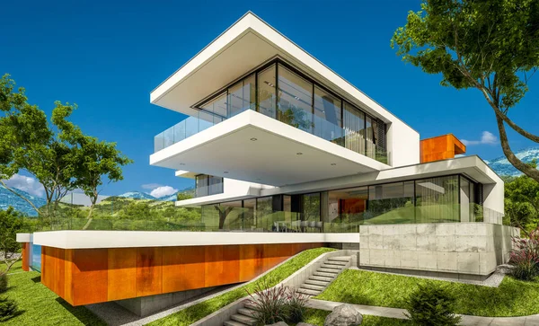 3d representación de la casa moderna por el río — Foto de Stock