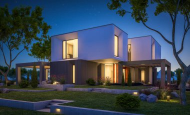 Bahçedeki modern ev 3D render geceleri