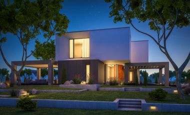 Bahçedeki modern ev 3D render geceleri
