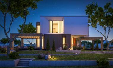 Bahçedeki modern ev 3D render geceleri