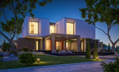 Bahçedeki modern ev 3D render geceleri
