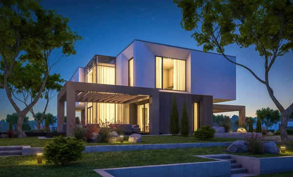 Bahçedeki modern ev 3D render geceleri